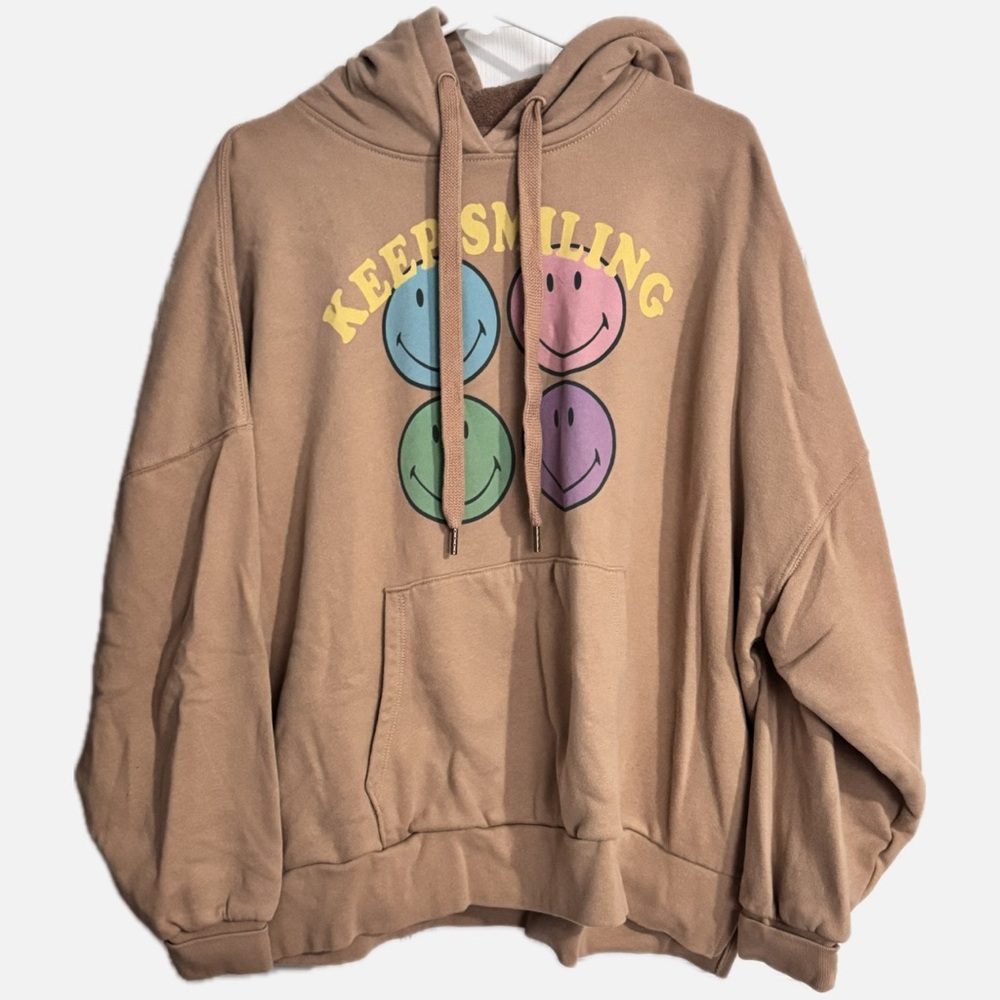 Keep Smiling Graphic Hoodie - Tan with Pastel Smiley Faces